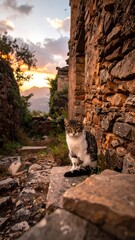 A cat sits amidst ancient ruins at sunset