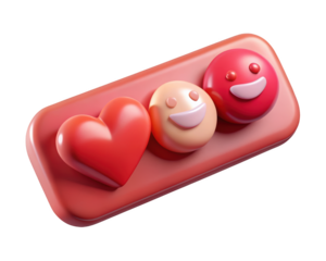 Red heart pink and peach smileys on a rectangular platform conveying love and happiness in a digital world 3d illustration isolated on transparent background
