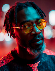 Portrait Of A Man With Yellow Round Glasses Under Blue And Red Neon Lighting At Night