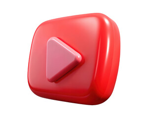 Red play button icon glossy render social media design element 3d illustration isolated on transparent background