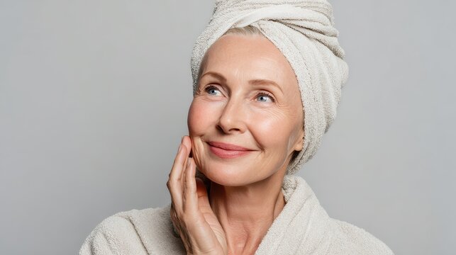 portrait of a cheerful senior woman smiling while looking away isolated on gray background happy mature woman after spa massage and antiaging treatment on face no logos no brands ar 169 - Powered by Adobe