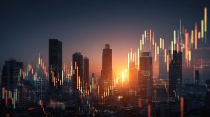 forex trade market and development concept with growing digital candlestick and indicators on sunny skyscrapers background double exposure no logos no brands ar 169