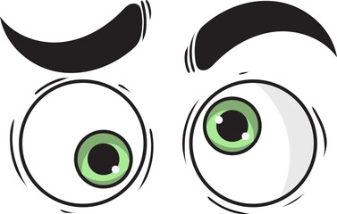 Expressive cartoon eyes with bright green irises and arched black eyebrows looking sideways.
