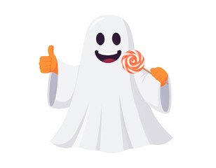Obraz premium Cute cartoon ghost character holding a lollipop and giving a thumbs up, perfect for Halloween celebrations and spooky-themed designs