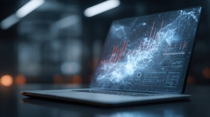 close up of laptop with abstract glowing polygonal business chart interface hologram on blurry background finance future and technology concept double exposure no logos no brands ar 169