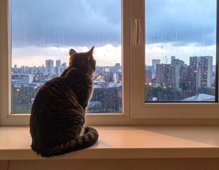 A cat sits by a window, looking out at a rainy cityscape