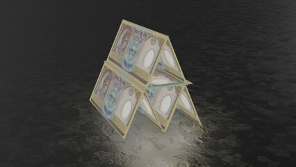 A fragile pyramid-shaped house of cards built with Nepal 10 Rupees notes, representing financial risk, instability, and economic uncertainty.