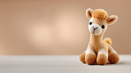 Cute stuffed llama toy sitting on a table with soft background  