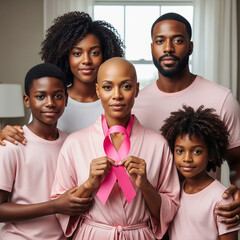 Breast Cancer Awareness Family supporting a woman with cancer holding a pink ribbon