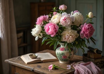 Arranging fullbloom peonies in shades of pink and white in a short round wooden vase for elegant floral decor in a cozy home environment
