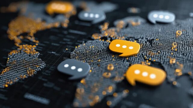 Global communication digital network world map speech bubble data visualization technology connection chat cybersecurity cloud internet message data