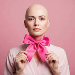 Breast Cancer Awareness Bald Woman with Pink Ribbon
