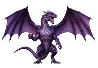 Naklejka premium A magnificent, vibrant purple dragon spreads its wings against a stark black backdrop, showcasing its powerful posture and imposing presence.