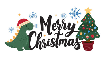Christmas dinosaur in Santa hat with decorated Christmas tree, snowflakes and festive lettering Merry Christmas — cute holiday illustration perfect for greeting cards, New Year posters.