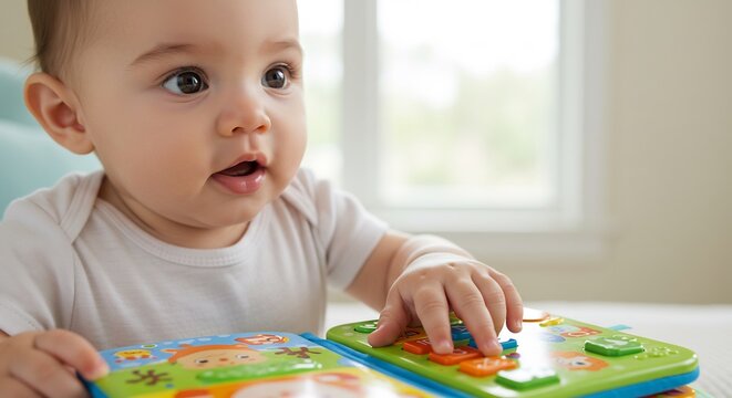 Adorable baby joyfully explores colorful interactive book bathed in soft natural light. AI Generated