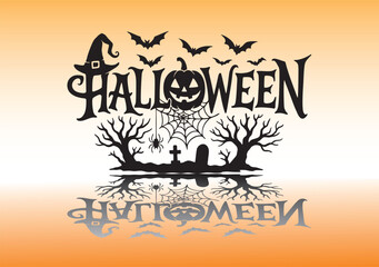 Halloween typography with bats, pumpkin, witch hat, spider web and graveyard silhouette. Spooky festive illustration for posters, invitations, party flyers and seasonal design.