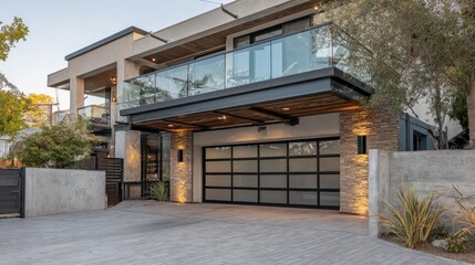 garage with glass door under balcony with glass railing in san diego california no logos no brands ar 169