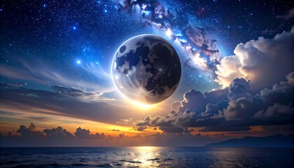 A celestial body hovers over a tranquil ocean at sunset