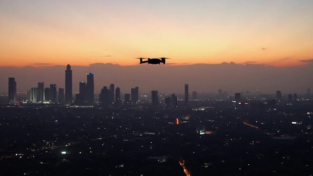 Santiago Skyline at Sunset. Aerial View. Chile. Drone Flies Forward