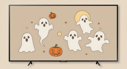 Spooky screen art featuring playful Ghosts and glowing Pumpkins in celebration of Halloween, displayed on a flatscreen television