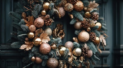 elegant christmas wreath with mixed metallic ornaments and pine foliage on window  modern holiday door decor