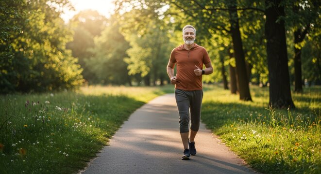 Smiling man running on a park path. Active lifestyle and sport. Happy senior man jogging outdoors at sunset.