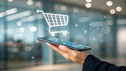 Hand holding smartphone with holographic shopping cart icon above in blurred office background for modern retail technology