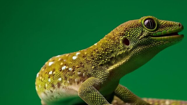 Close-up of a vibrant gecko against a green background, showcasing its detailed skin and eyes
