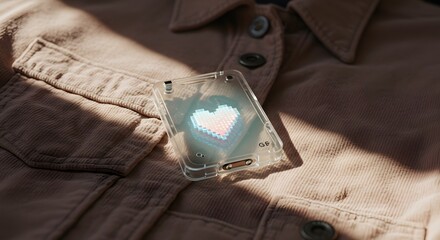 Pixelated Heart on Transparent Device Resting on Beige Jacket