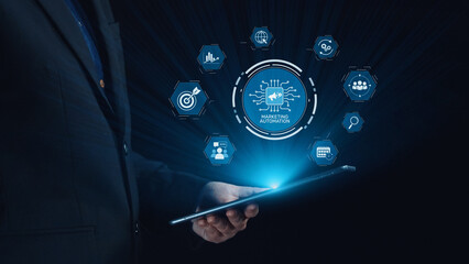 Marketing automation diagram showcase AI-driven campaign workflow, highlight marketing automation, data-driven strategy, marketing automation tools, and market automation process in business. Elide