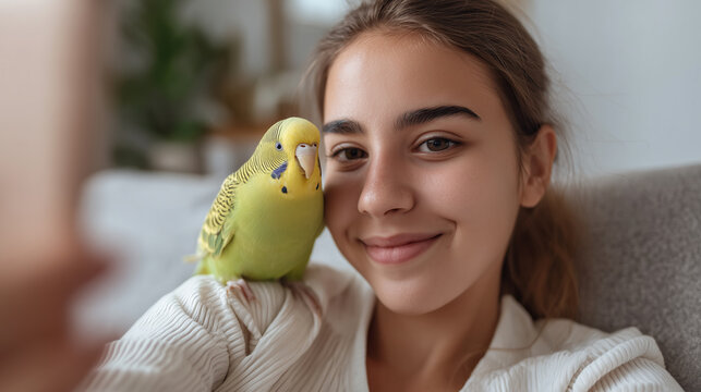 young hispanic girl, living room, parakeet on her shoulder, taking selfie, smiling gently, interaction between a pet and owner, positive vibes. Publicity poster for animal healthcare. Friendship betwe