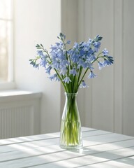 Delicate arrangement of soft bluebell flowers in a slim glass vase on a white-painted table capturing an airy and serene atmosphere