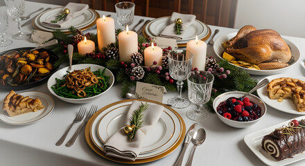 Christmas table setting, new year festive dining indoors in a luxury restaurant, christmas food and decorations, banquet, candles and lights, elegant table layout with fir tree branches and flowers.
