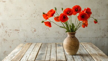 Vibrant red poppies in a rustic vase on a worn wooden table painterly still life soft diffused light atmosphere
