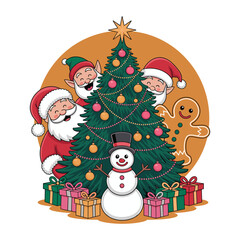 "Christmas Tree with Santa Claus, Elves, Snowman and Gifts – Festive Holiday Vector Illustration"