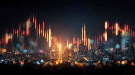 abstract glowing big data forex candlestick chart on blurry city backdrop trade technology investment and analysis concept double exposure no logos no brands ar 169