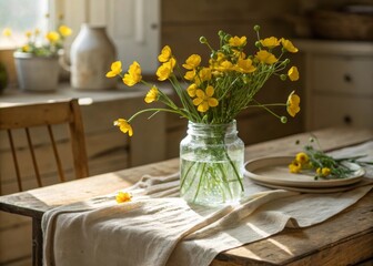 Arranging yellow buttercups in a clear jar of water on a rustic wooden table with a linen cloth for a charming floral display