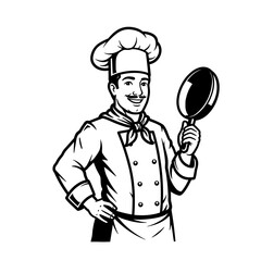 Smiling Chef Holding Frying Pan Illustration for Cooking and Culinary Branding