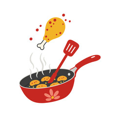 Colorful Frying Pan with Chicken Drumstick and Spatula Cooking Illustration
