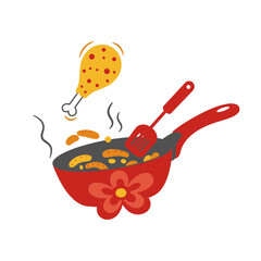Colorful Frying Pan with Chicken Drumstick and Spatula Cooking Illustration