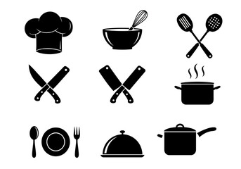 Essential Kitchen Icons: Cooking Tools and Utensils Silhouettes