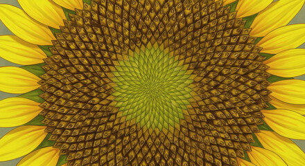 Radial symmetry in sunflower seed arrangement, Fibonacci spiral, golden ratio pattern, natural mathematics, botanical illustration, warm yellow and brown tones