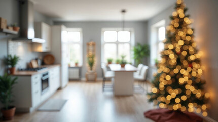 Blurred Christmas background with tree and lights warm comfortable cozy interior space decorated for holidays