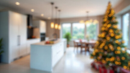 Blurred Christmas background with tree and lights warm comfortable cozy interior space decorated for holidays