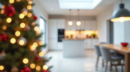 Blurred Christmas background with tree and lights warm comfortable cozy interior space decorated for holidays
