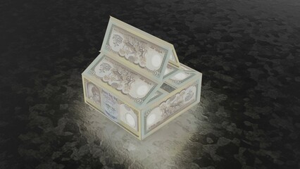 A cube-shaped house constructed from Nepal 10 Rupees banknotes, symbolizing savings, wealth storage, and strong financial foundations.