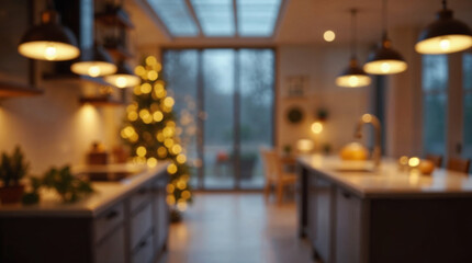 Blurred Christmas background with tree and lights warm comfortable cozy interior space decorated for holidays