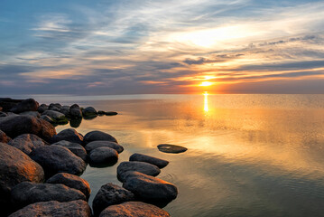 Summer sunset on Lake Peipus. Pskov region