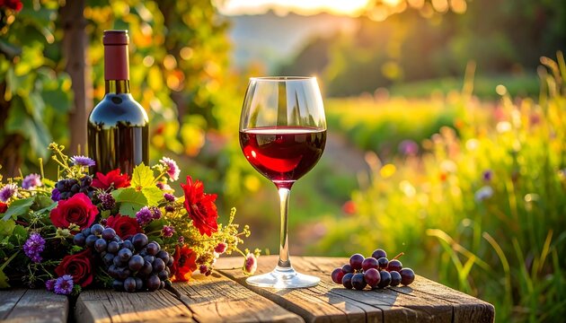 A vibrant image showing a full glass of red wine next to a bottle, grapes, and a bouquet of roses on a wooden table outdoors
