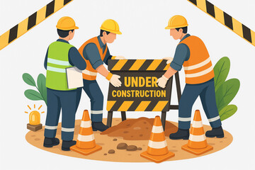 Construction Workers Setting Up Under Construction Sign with Safety Equipment Vector Illustration